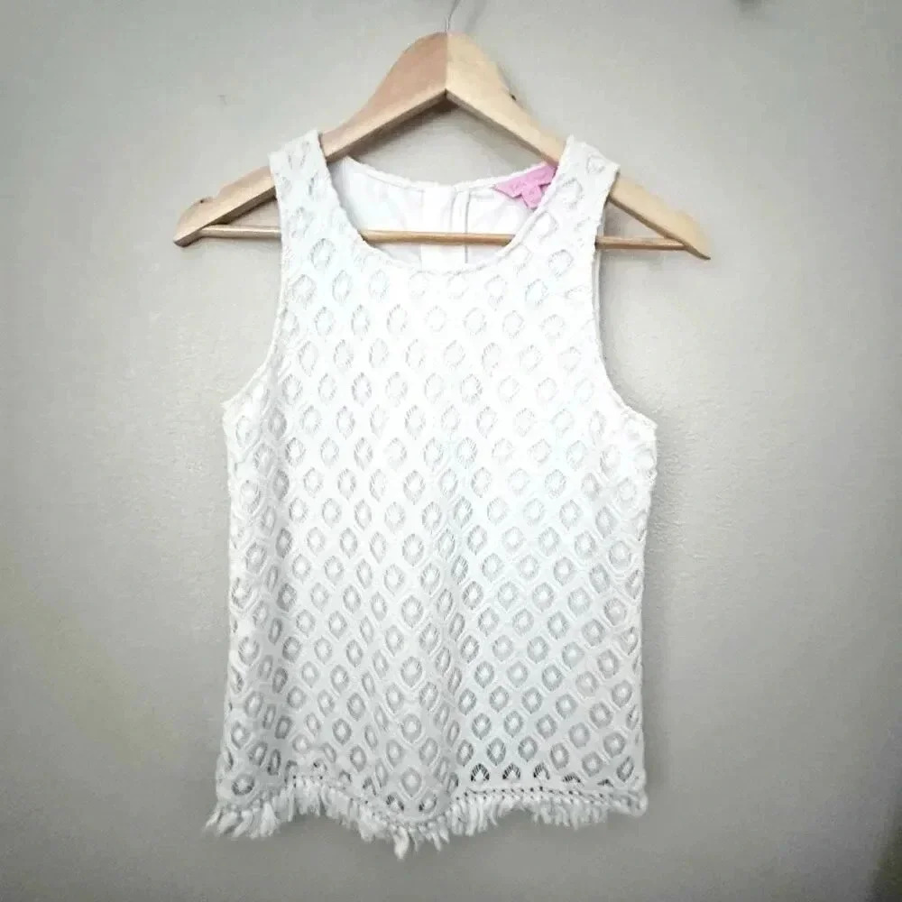 LILLY PULITZER | White Fringe Sleeveless Top Crochet Gold Zipper‎ | Size XS